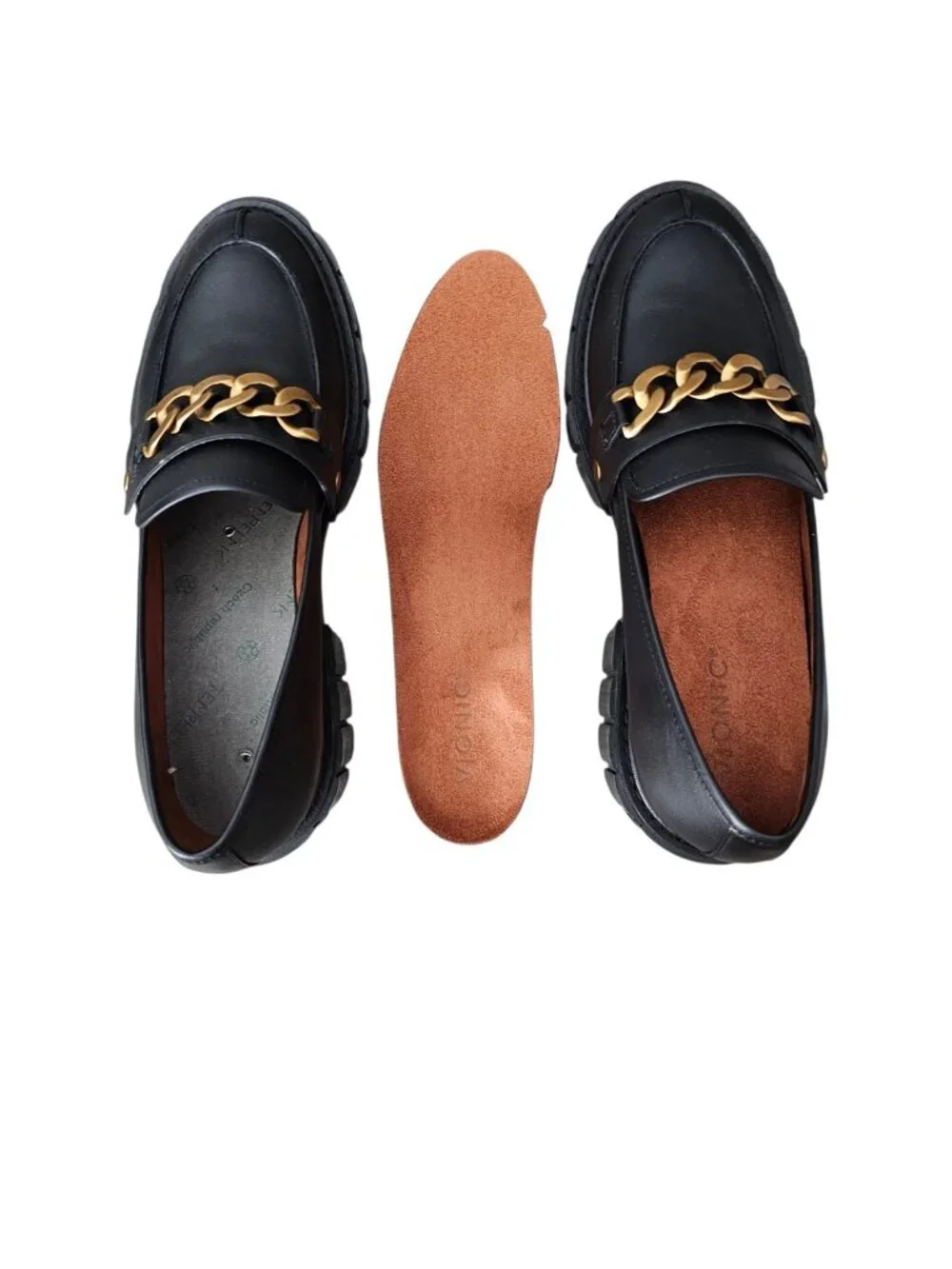 Vionic Elodie Leather Lug Sole Chain Loafer Slip On Platform Shoes New Black 10